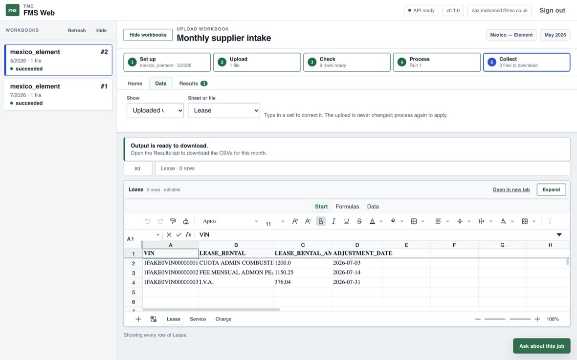 The spreadsheet view of an uploaded workbook